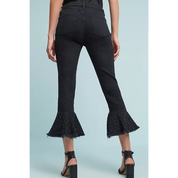 Anthropologie Pilcro Embellished Slim Flounced Flare Crop Jeans Washed Black - Picture 2 of 12